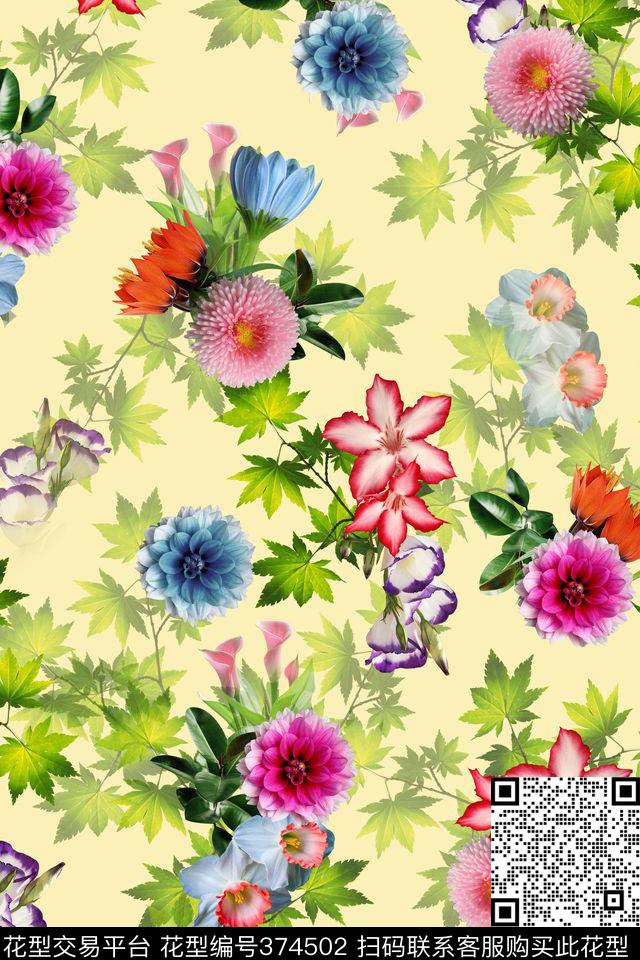 花卉清新树叶数码印花华亿平台下载（图片编号: 374502） - 瓦栏（Walan）