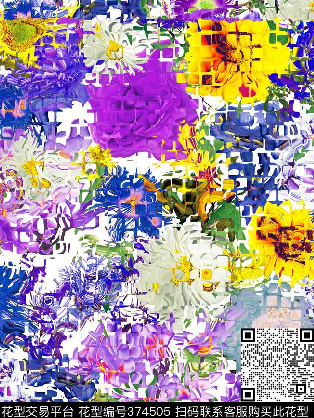 马赛克格子花卉数码印花华亿平台下载（图片编号: 374505） - 瓦栏（Walan）