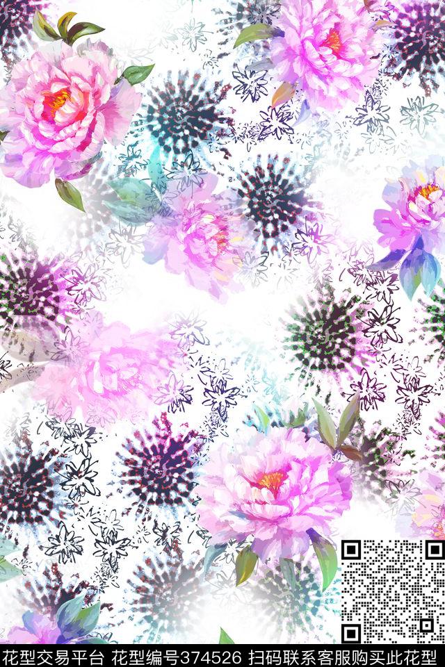 清雅抽象几何水彩花卉花卉数码印花华亿平台下载（图片编号: 374526） - 瓦栏（Walan）