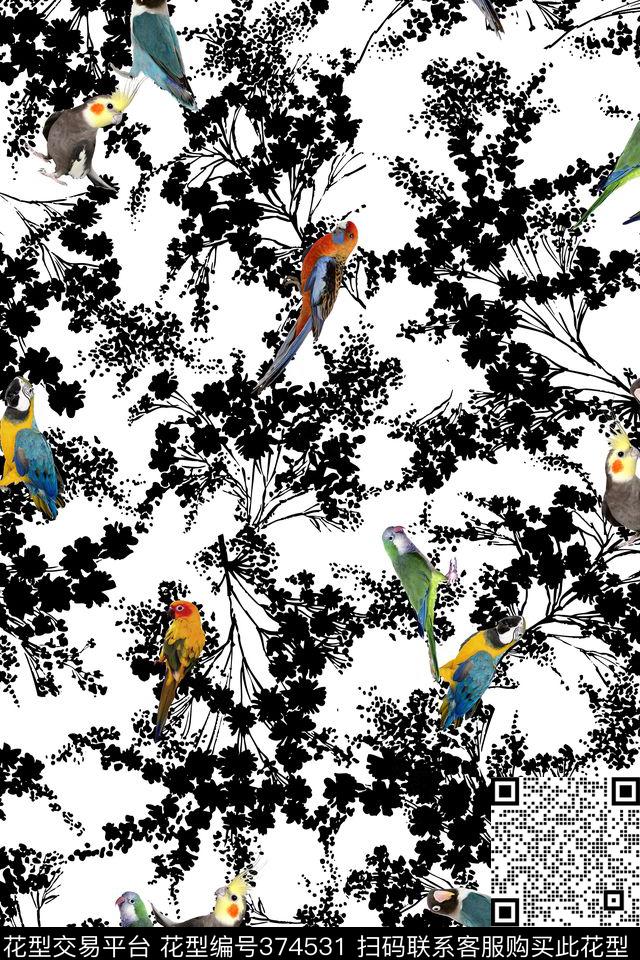 彩色鸟黑底花休闲风数码印花华亿平台下载（图片编号: 374531） - 瓦栏（Walan）