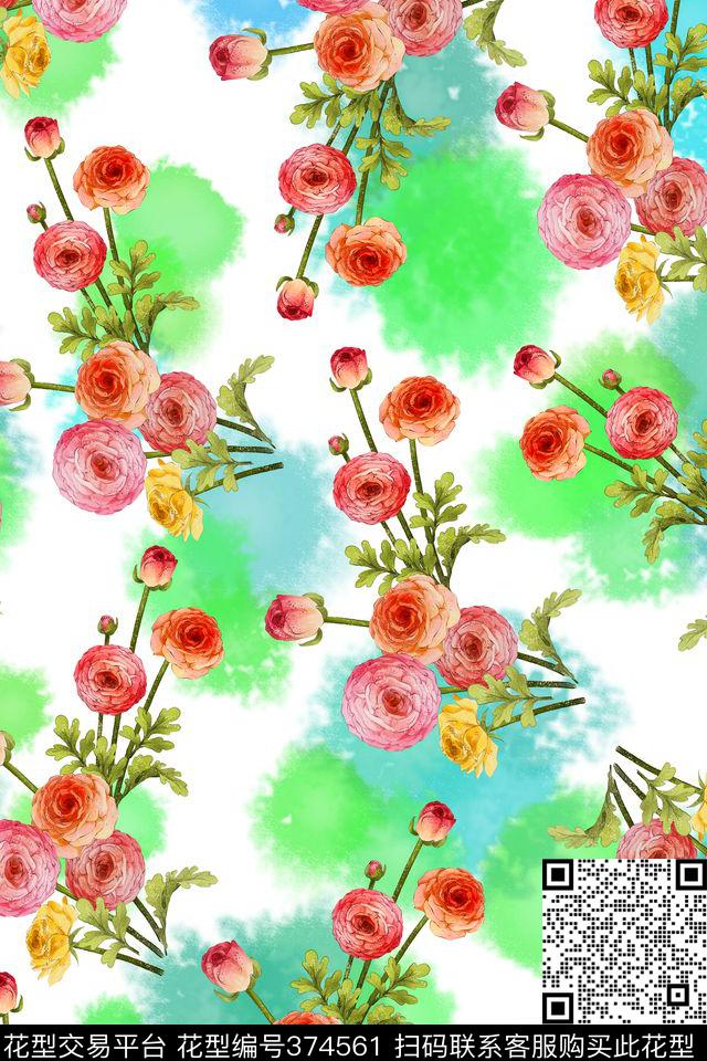 田园风小清新水彩斑点数码印花华亿平台下载（图片编号: 374561） - 瓦栏（Walan）