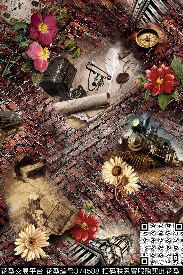 怀旧复古物品花朵数码印花华亿平台下载（图片编号: 374588） - 瓦栏（Walan）