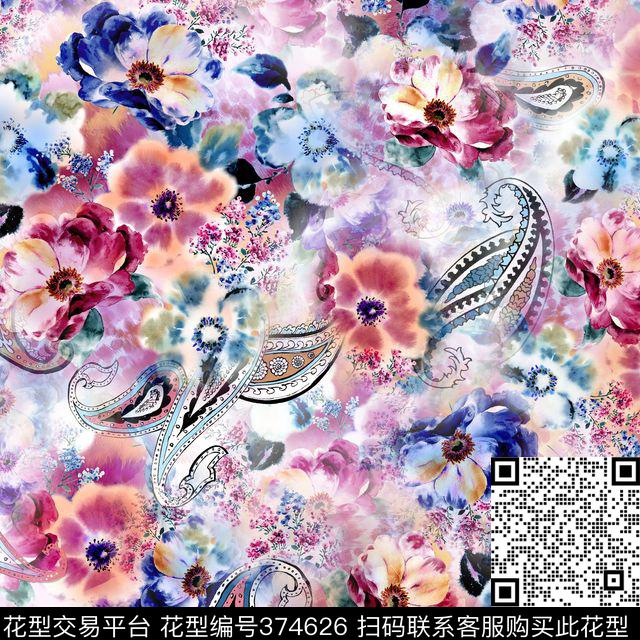 佩斯利花卉抽象简洁数码印花华亿平台下载（图片编号: 374626） - 瓦栏（Walan）