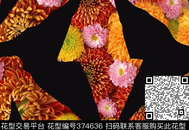 黑底米花大菊数码印花华亿平台下载（图片编号: 374636） - 瓦栏（Walan）