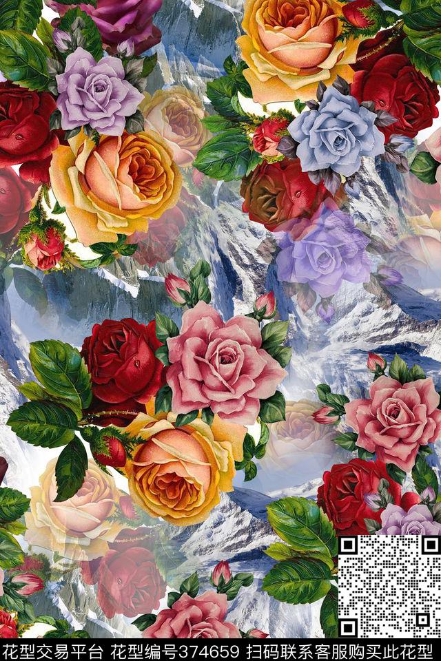 多彩花卉手绘数码印花华亿平台下载（图片编号: 374659） - 瓦栏（Walan）