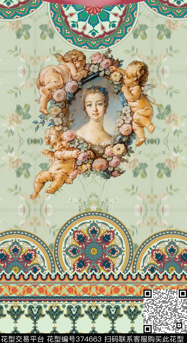 欧式宫廷风天使民族古典花纹数码印花华亿平台下载（图片编号: 374663） - 瓦栏（Walan）
