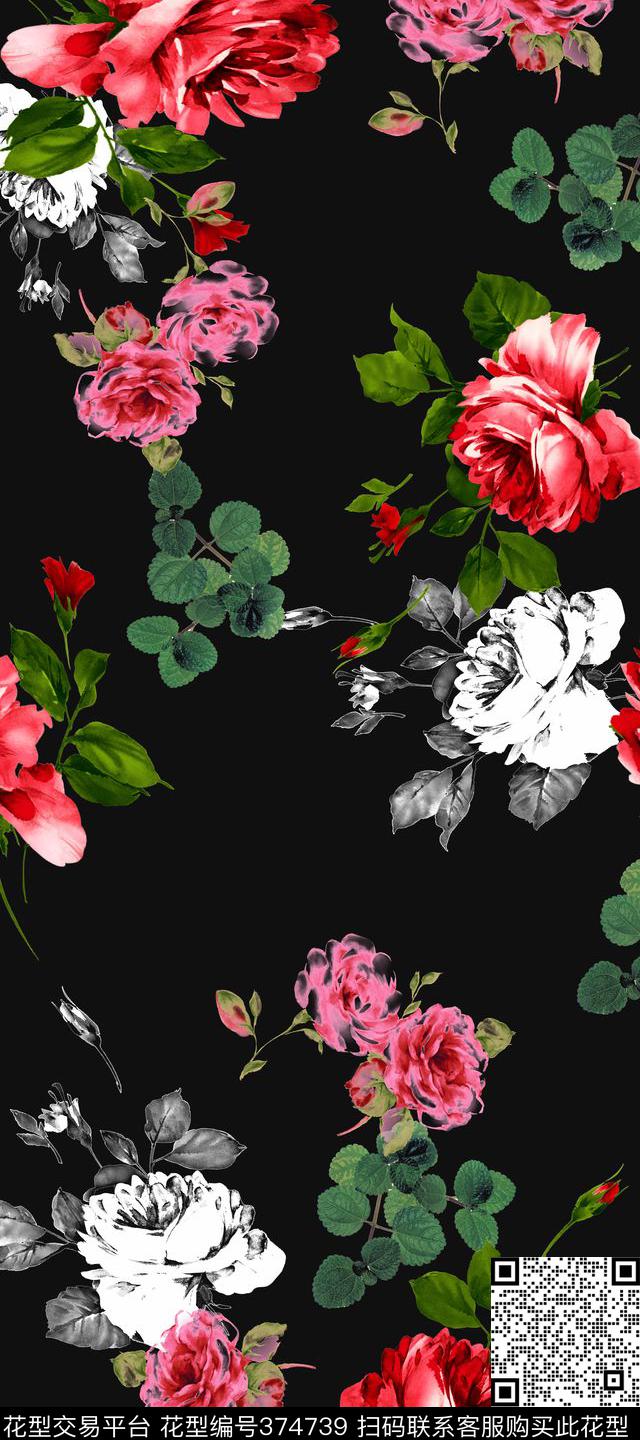 服装暗黑花卉数码印花华亿平台下载（图片编号: 374739） - 瓦栏（Walan）