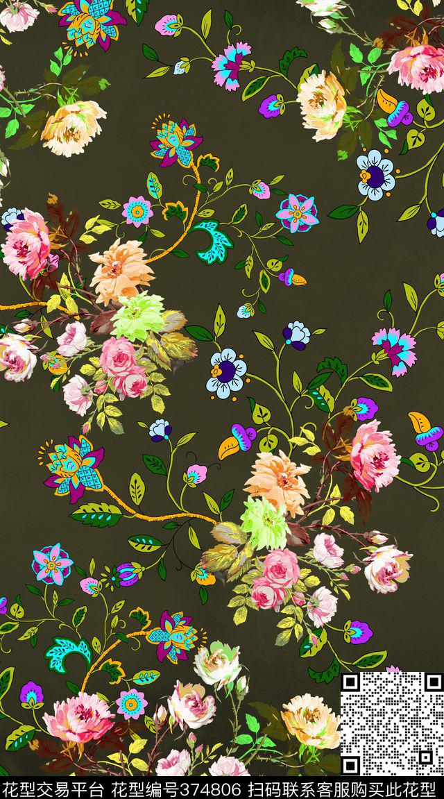 古典花纹花卉欧式复古数码印花华亿平台下载（图片编号: 374806） - 瓦栏（Walan）