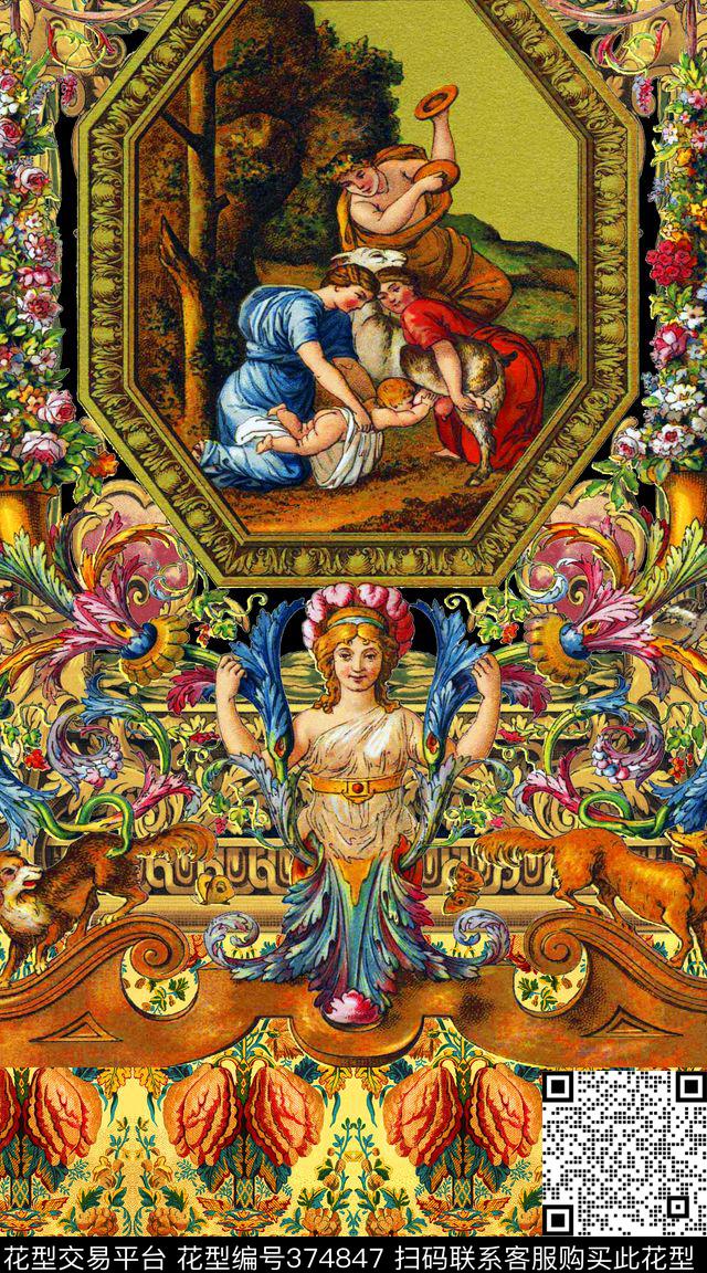 纹样人物边欧式宫廷风数码印花华亿平台下载（图片编号: 374847） - 瓦栏（Walan）
