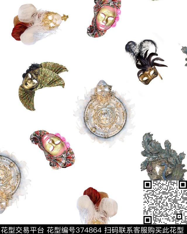 复古威尼斯面具男装华亿平台数码印花华亿平台下载（图片编号: 374864） - 瓦栏（Walan）