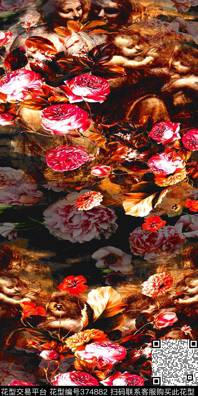 花卉人物投影数码印花华亿平台下载（图片编号: 374882） - 瓦栏（Walan）