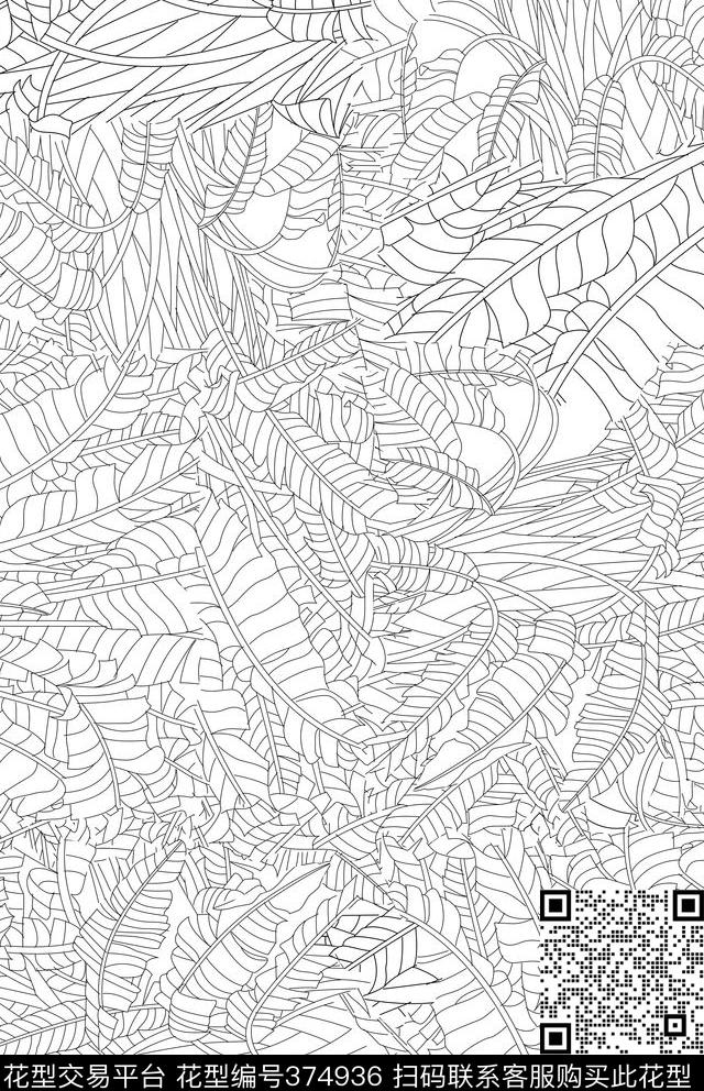 芭蕉树热带线描传统印花华亿平台下载（图片编号: 374936） - 瓦栏（Walan）