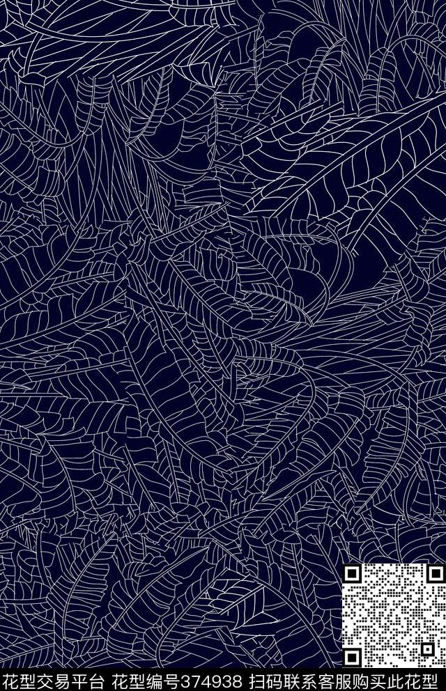 热带芭蕉树线描传统印花华亿平台下载（图片编号: 374938） - 瓦栏（Walan）