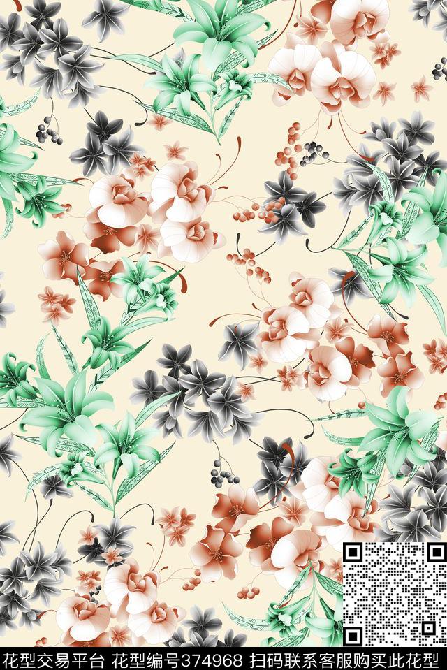 浅底手绘花花卉传统印花华亿平台下载（图片编号: 374968） - 瓦栏（Walan）