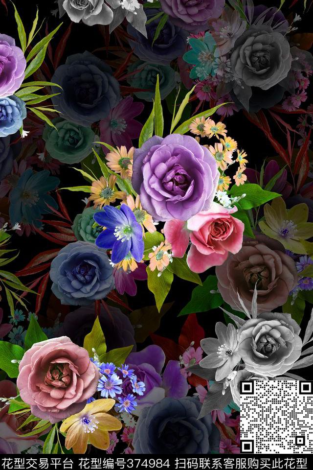 黑底花卉花卉数码印花华亿平台下载（图片编号: 374984） - 瓦栏（Walan）