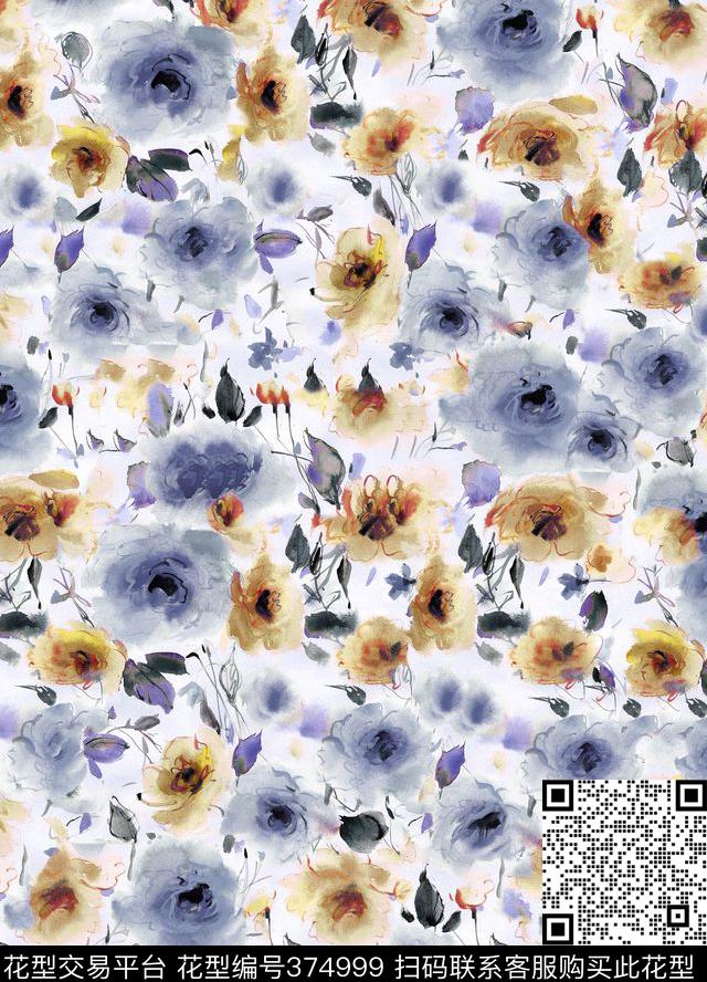 花卉手绘水彩传统印花华亿平台下载（图片编号: 374999） - 瓦栏（Walan）