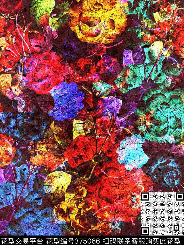 流行文理花卉底纹色彩数码印花华亿平台下载（图片编号: 375066） - 瓦栏（Walan）