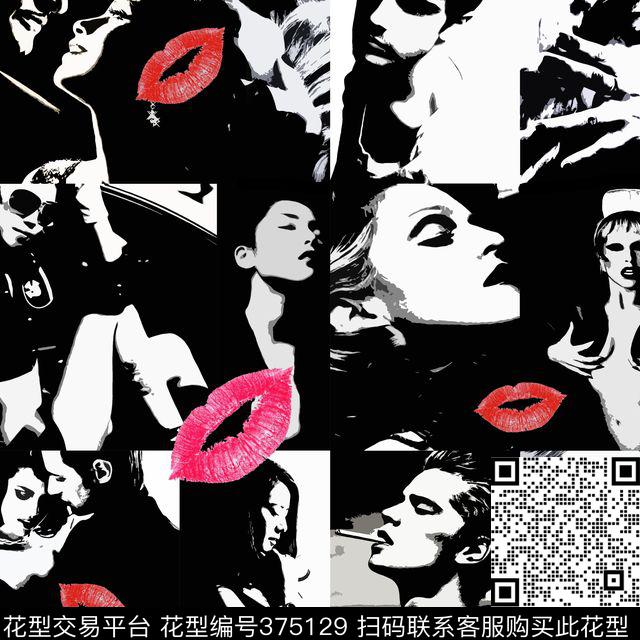黑白分割人像嘴唇色彩传统印花华亿平台下载（图片编号: 375129） - 瓦栏（Walan）