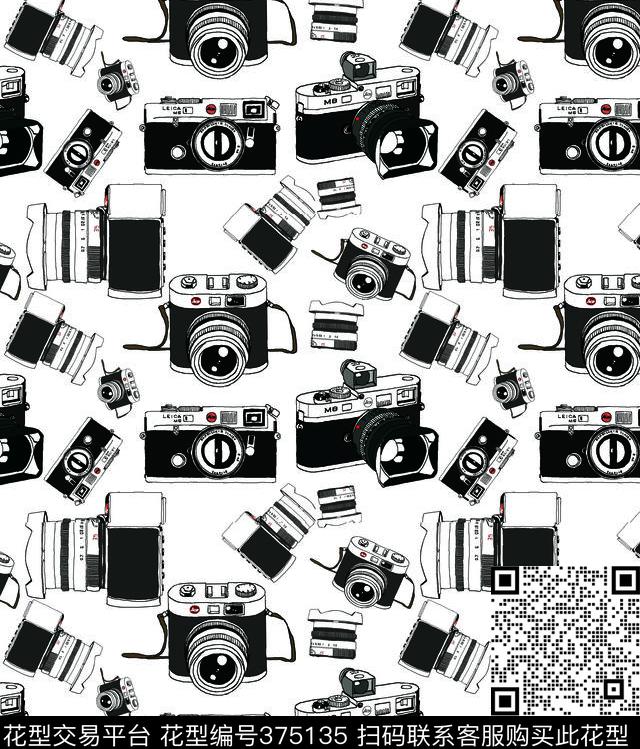 手绘相机莱卡图案传统印花华亿平台下载（图片编号: 375135） - 瓦栏（Walan）