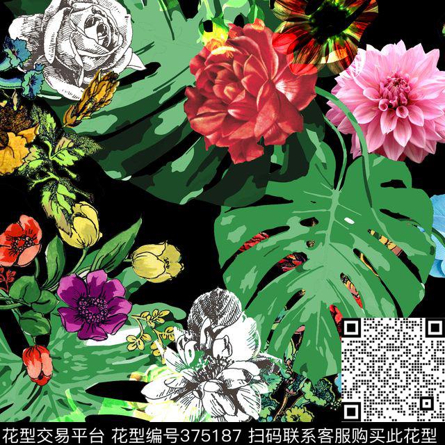 花卉棕榈叶热带花卉数码印花华亿平台下载（图片编号: 375187） - 瓦栏（Walan）