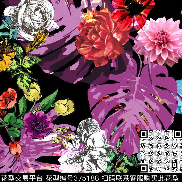 热带花卉花卉棕榈叶数码印花华亿平台下载（图片编号: 375188） - 瓦栏（Walan）