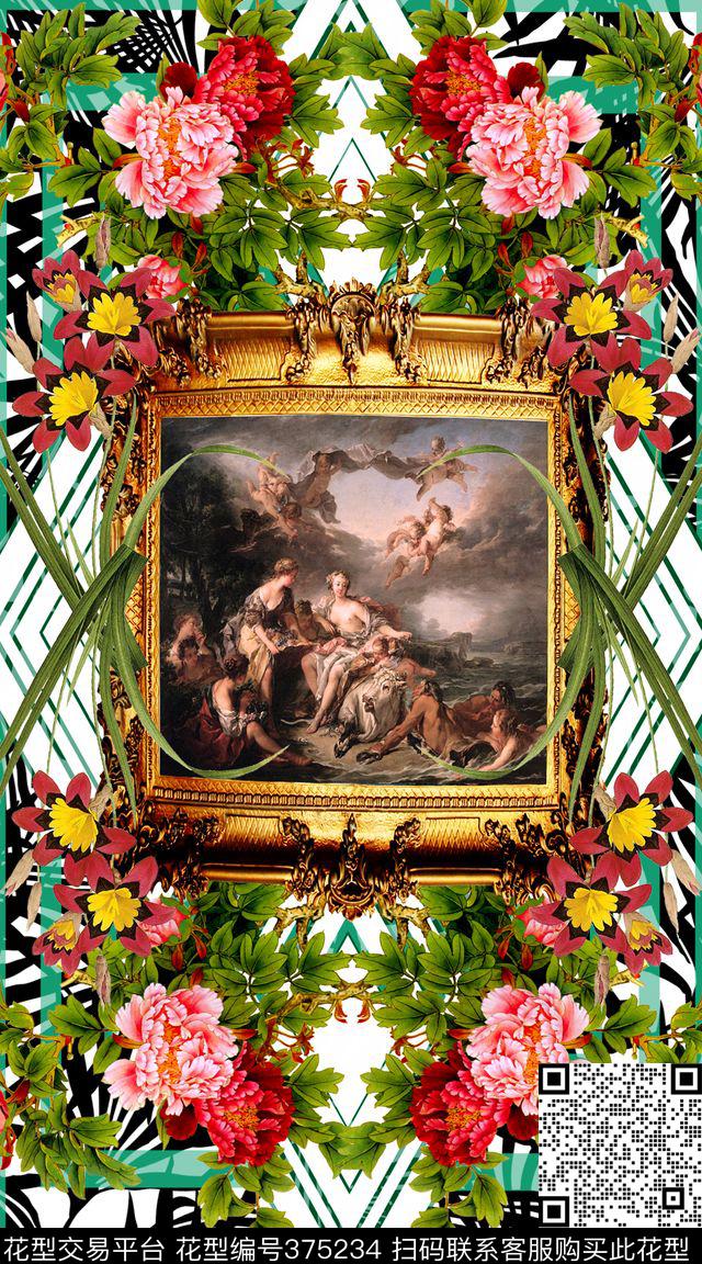 定位花几何花卉数码印花华亿平台下载（图片编号: 375234） - 瓦栏（Walan）