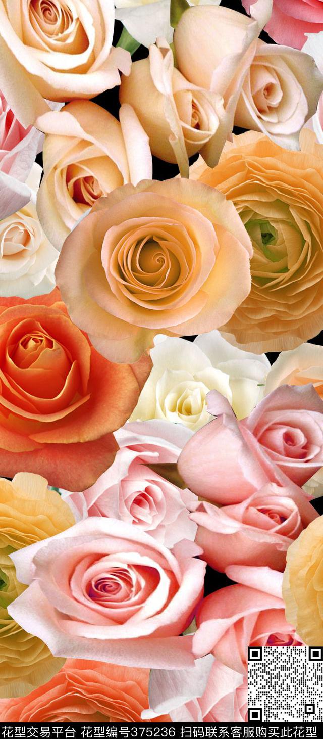 写实玫瑰花植物花卉数码印花华亿平台下载（图片编号: 375236） - 瓦栏（Walan）