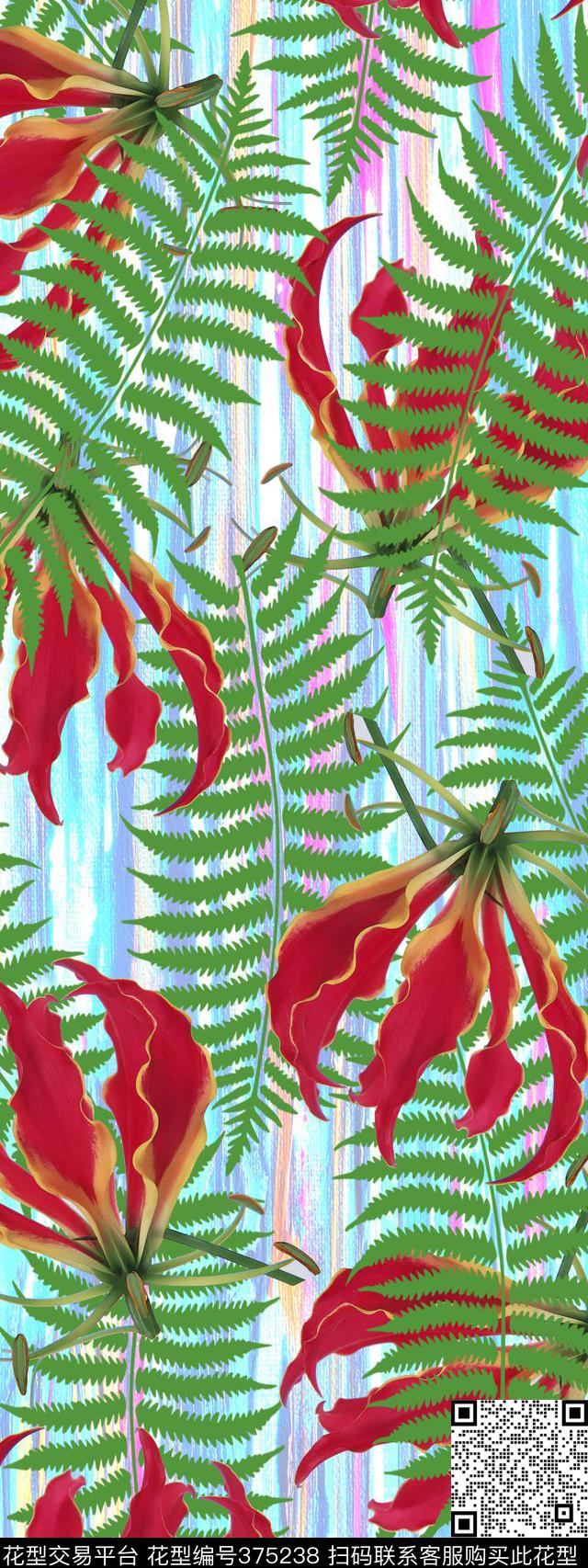 热带风情花卉蕨类叶子数码印花华亿平台下载（图片编号: 375238） - 瓦栏（Walan）