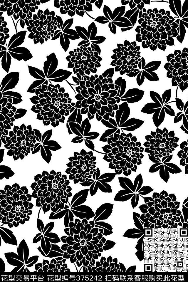传统花卉黑白花卉传统印花华亿平台下载（图片编号: 375242） - 瓦栏（Walan）