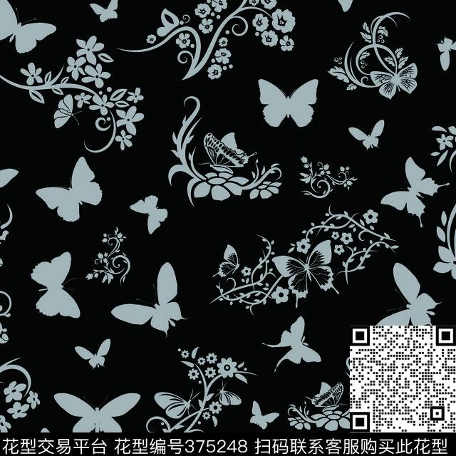 抽象蝴蝶花纹传统印花华亿平台下载（图片编号: 375248） - 瓦栏（Walan）