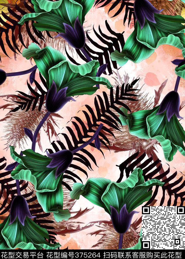 花卉蕨类叶子写意数码印花华亿平台下载（图片编号: 375264） - 瓦栏（Walan）