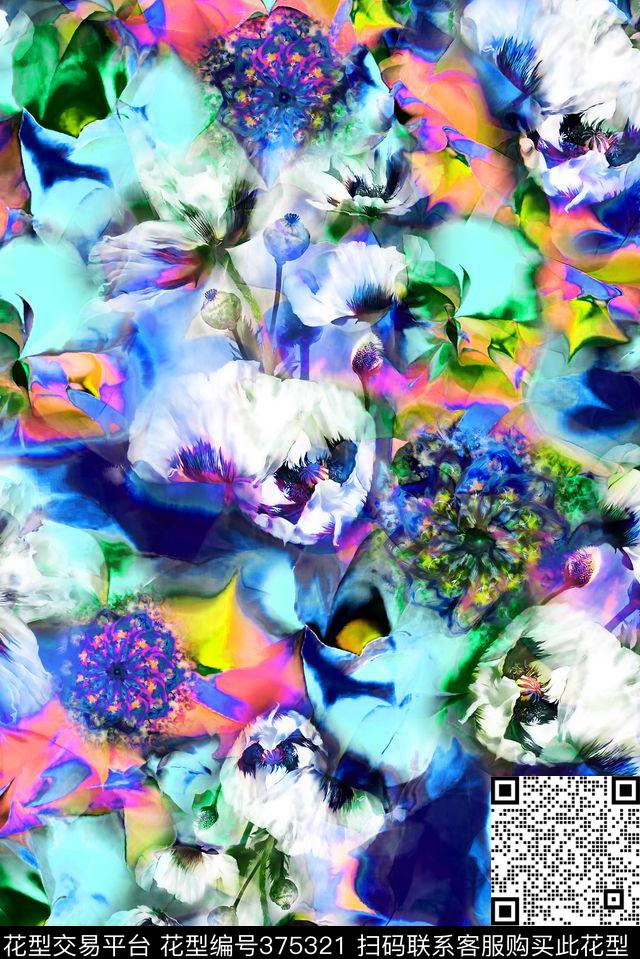抽象花卉水彩数码印花华亿平台下载（图片编号: 375321） - 瓦栏（Walan）