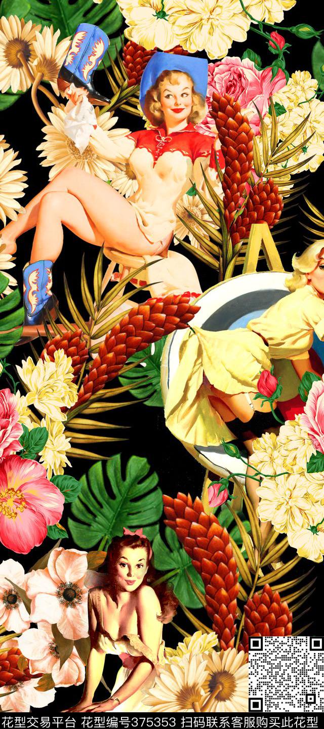 服装黑花卉数码印花华亿平台下载（图片编号: 375353） - 瓦栏（Walan）