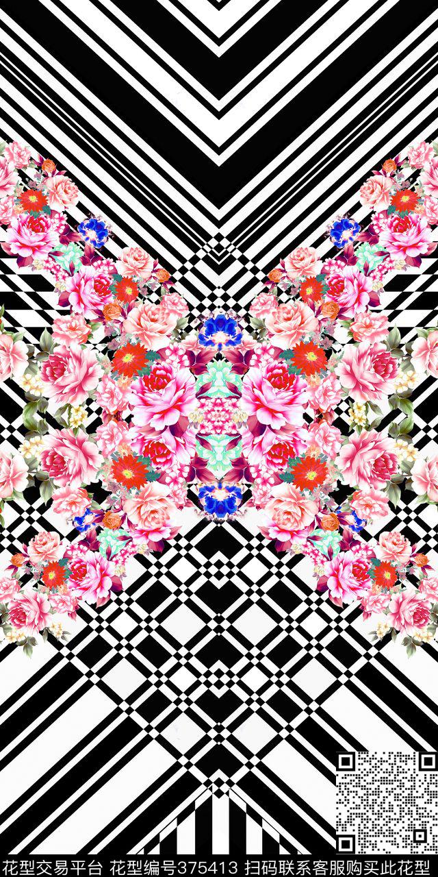 几何条纹花卉数码印花华亿平台下载（图片编号: 375413） - 瓦栏（Walan）
