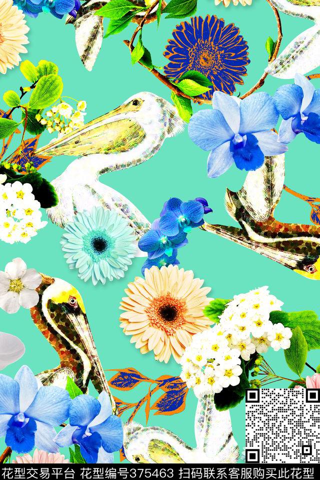 大气花鸟组合女装花卉鸟花卉组合数码印花华亿平台下载（图片编号: 375463） - 瓦栏（Walan）