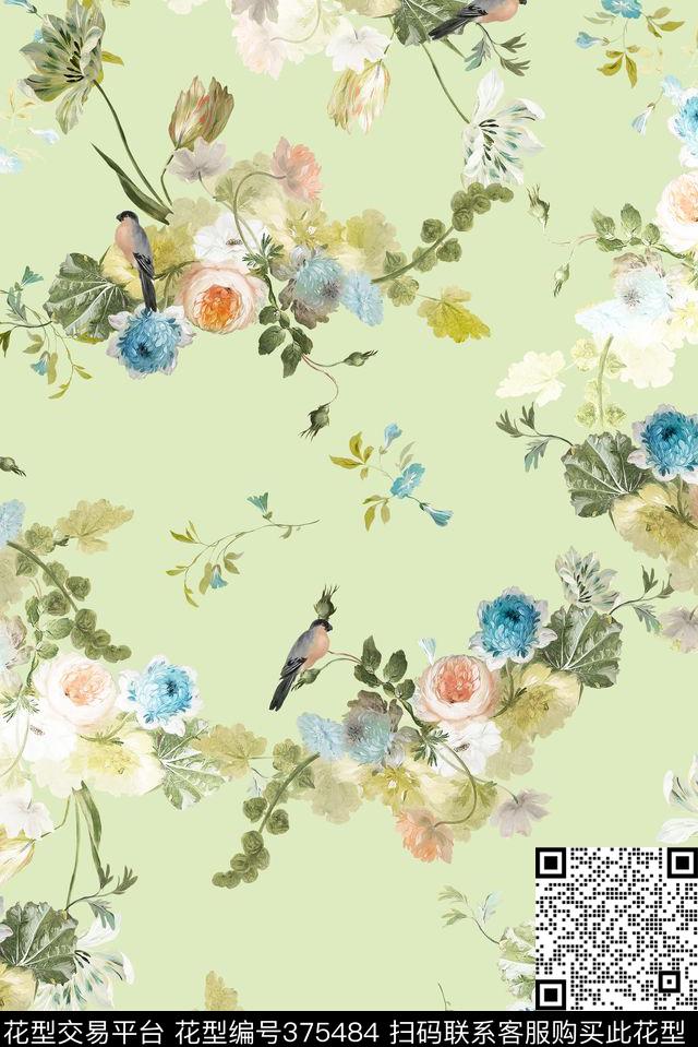 大牌数码清晰淡雅花鸟油画花卉鸟花卉组合数码印花华亿平台下载（图片编号: 375484） - 瓦栏（Walan）