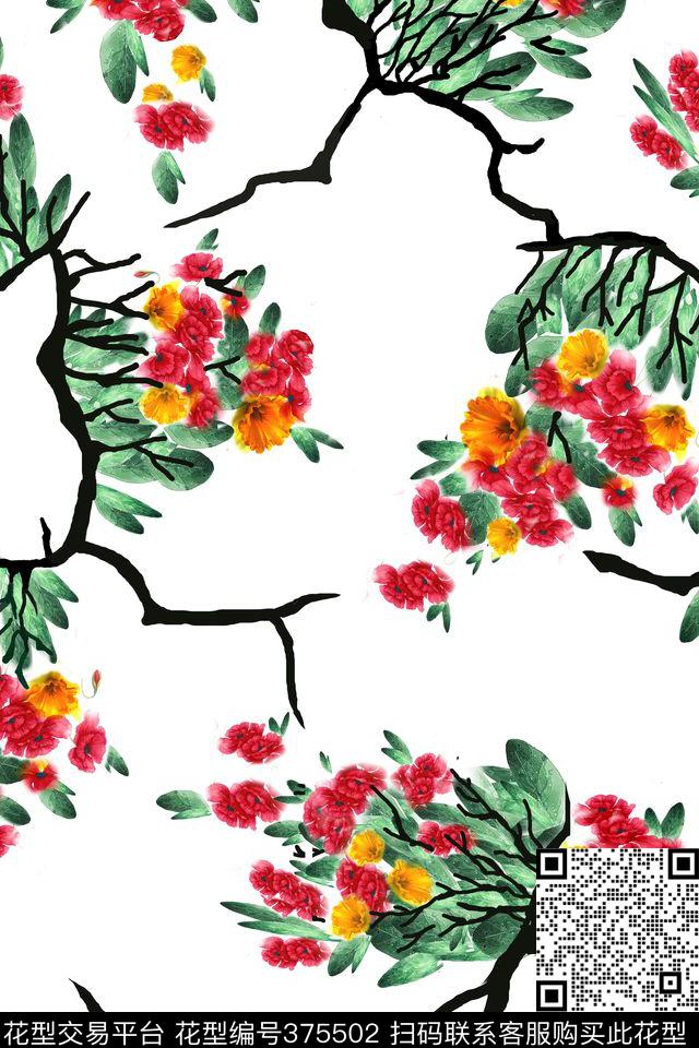 复古手绘植物数码印花华亿平台下载（图片编号: 375502） - 瓦栏（Walan）