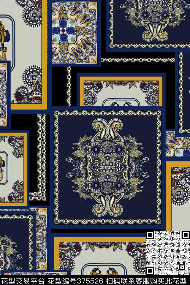 复古民族方巾图案时尚拼接数码印花华亿平台下载（图片编号: 375526） - 瓦栏（Walan）