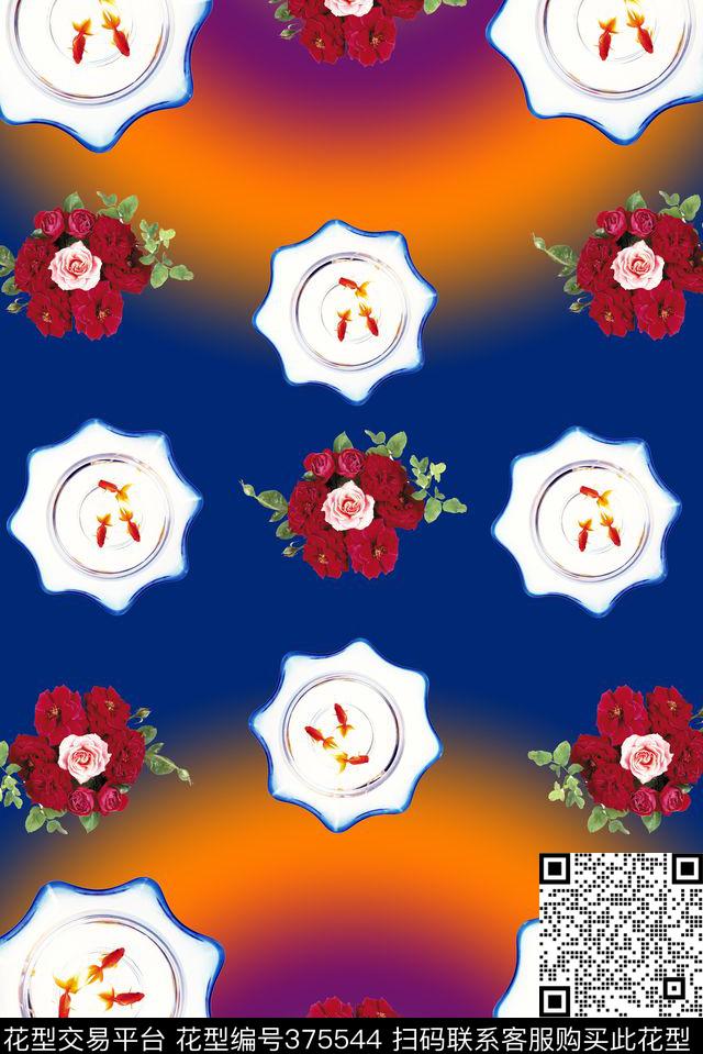 富贵鱼水晶缸玫瑰花传统印花华亿平台下载（图片编号: 375544） - 瓦栏（Walan）