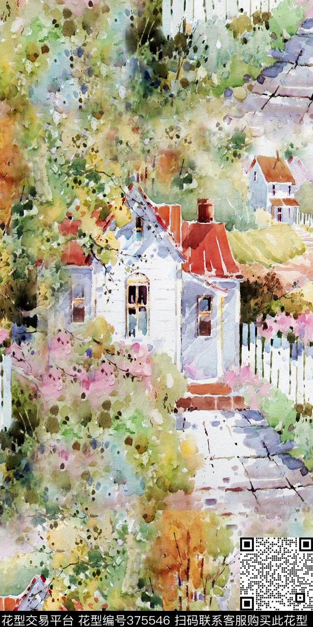 风景欧洲风景画水彩数码印花华亿平台下载（图片编号: 375546） - 瓦栏（Walan）