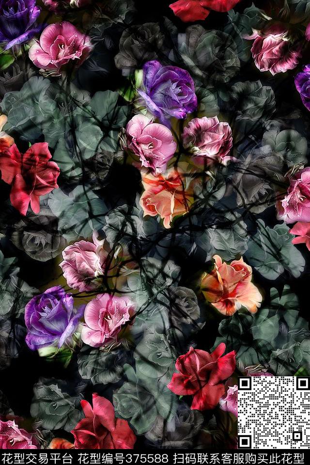 黑底写实花朵抽象树枝底纹数码印花华亿平台下载（图片编号: 375588） - 瓦栏（Walan）