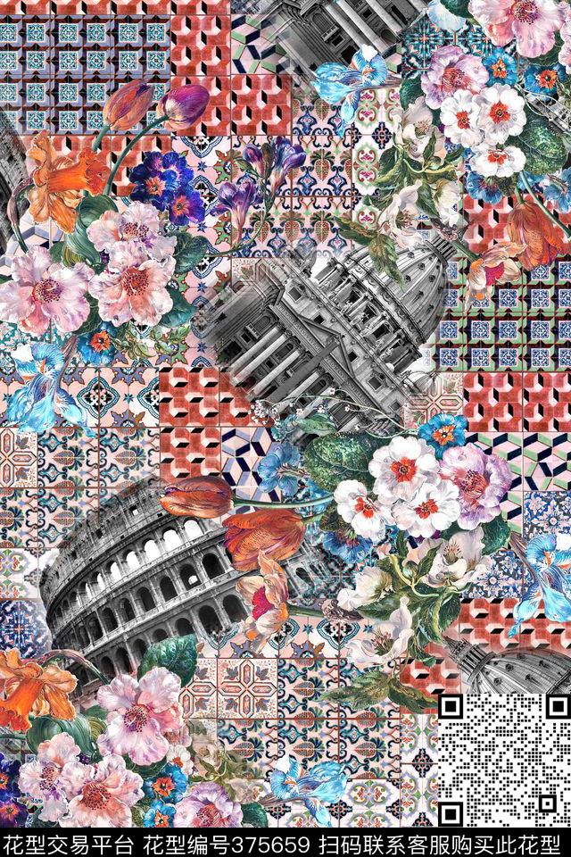 民族风几何格子欧式建筑数码印花华亿平台下载（图片编号: 375659） - 瓦栏（Walan）