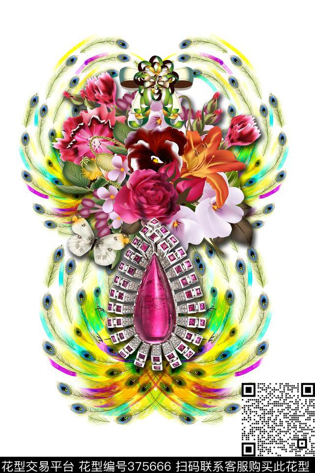 时尚宝石珠宝羽毛数码印花华亿平台下载（图片编号: 375666） - 瓦栏（Walan）