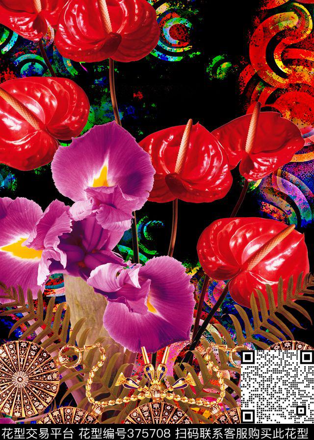 花卉浪漫主义钟表数码印花华亿平台下载（图片编号: 375708） - 瓦栏（Walan）