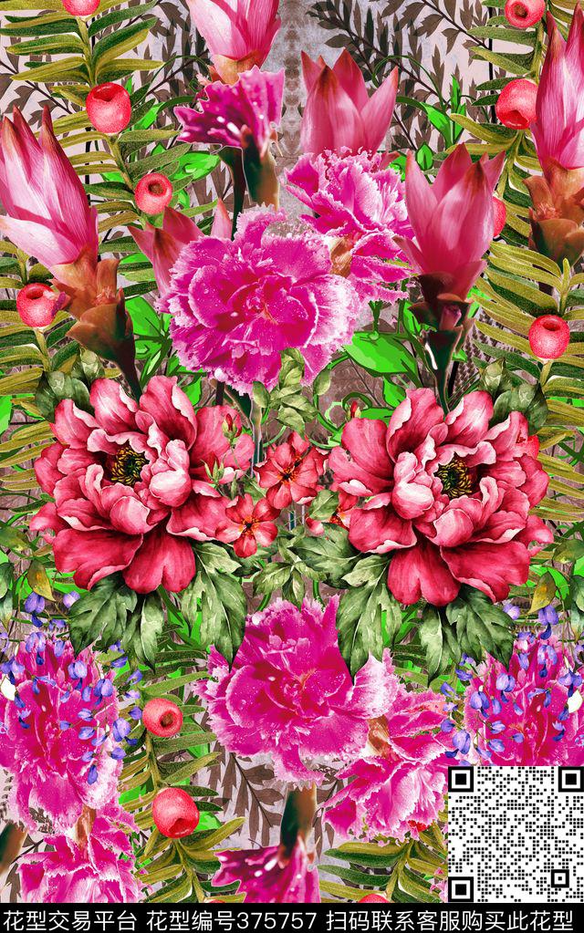花朵叶子自然数码印花华亿平台下载（图片编号: 375757） - 瓦栏（Walan）