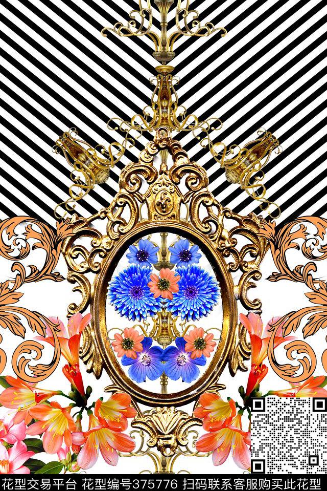 欧式花纹花卉定位数码印花华亿平台下载（图片编号: 375776） - 瓦栏（Walan）