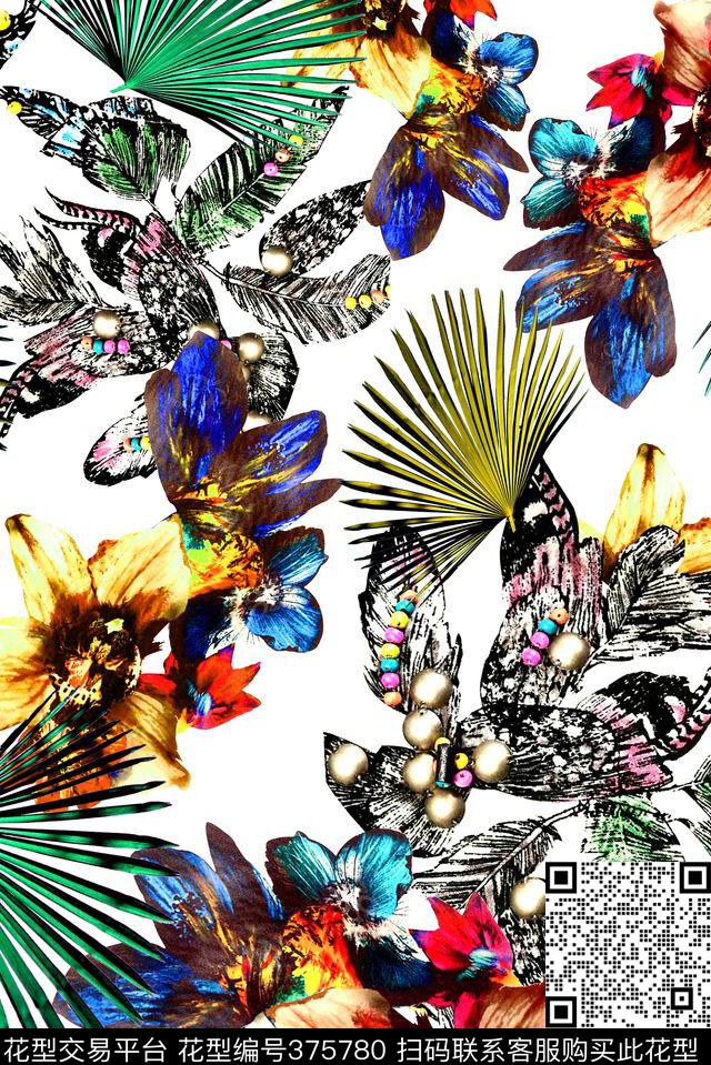 抽象花热带风珠宝数码印花华亿平台下载（图片编号: 375780） - 瓦栏（Walan）