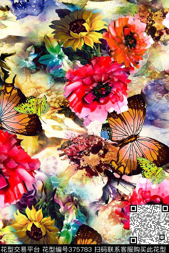 蝴蝶手绘花卉花卉数码印花华亿平台下载（图片编号: 375783） - 瓦栏（Walan）