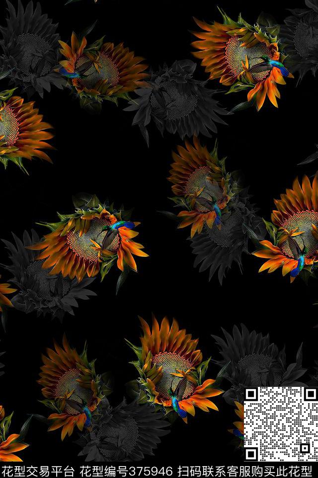 向日葵鸟数码印花华亿平台下载（图片编号: 375946） - 瓦栏（Walan）