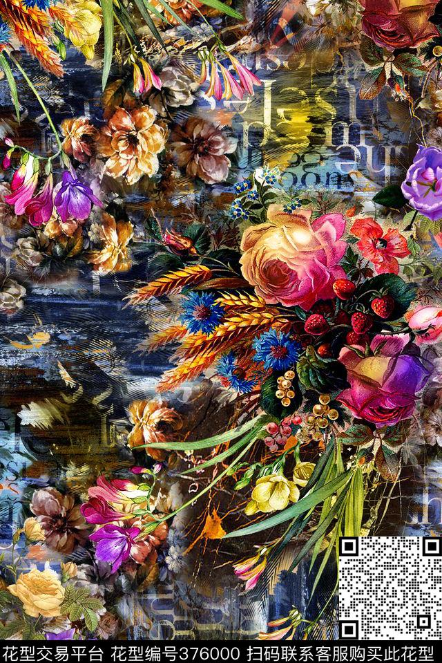 欧式英伦油画花卉数码印花华亿平台下载（图片编号: 376000） - 瓦栏（Walan）